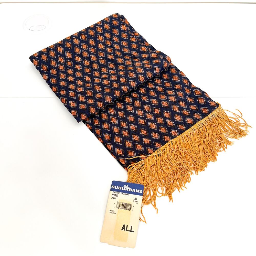 Suburbans Vintage English Channel Diamond Print Scarf Blue Gold Fringe‎ USA Made